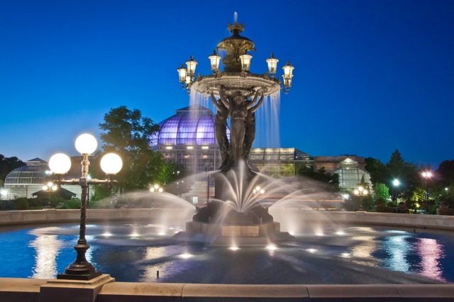 Fountain and Building at Botanical Garden