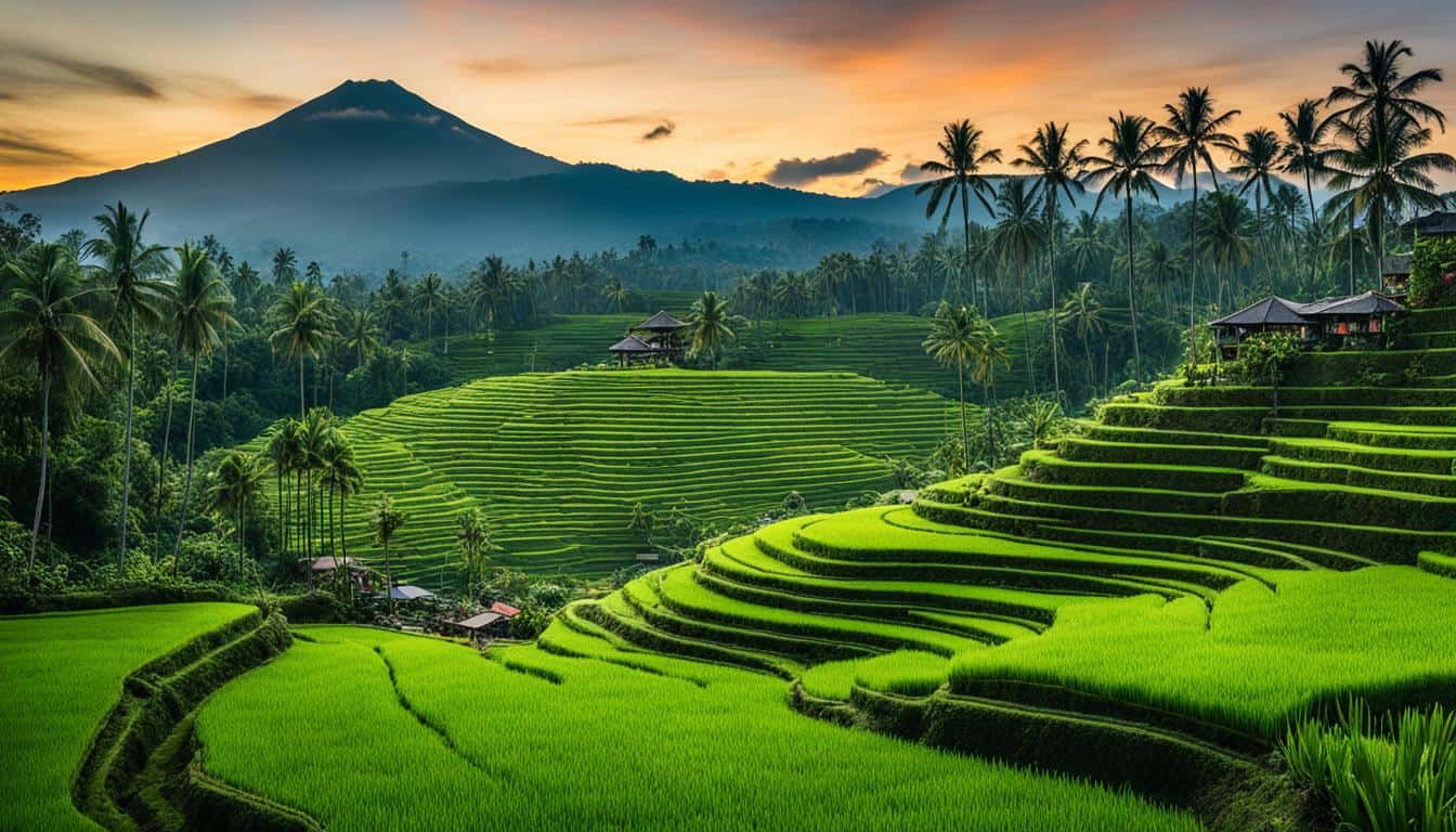 Paddy fields & volcanos at Sidemen, Bali, Ind